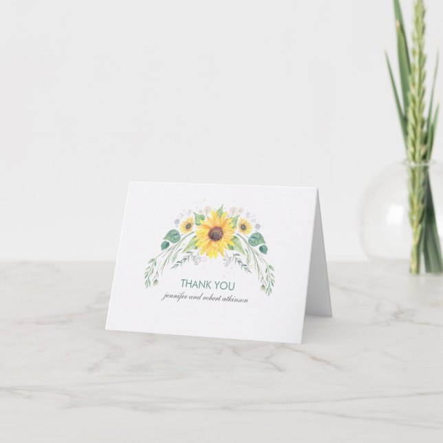 Rustic Watercolor Sunflowers Wedding Thank You (Front)