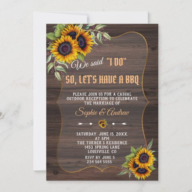Rustic Watercolor Sunflowers Wood Wedding I DO BBQ Invitation (Front)