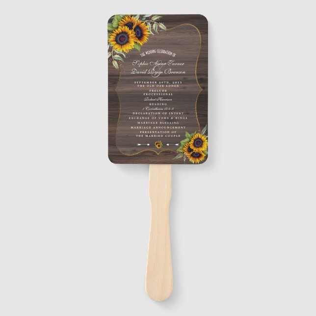 Rustic Watercolor Sunflowers Wood Wedding Program Hand Fan (Front)