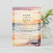 Rustic Watercolor Sunset Beach Sea Save The Date Announcement (Standing Front)