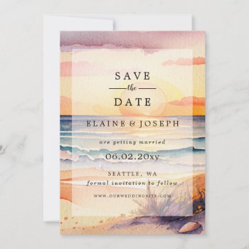 Rustic Watercolor Sunset Beach Sea Save The Date Announcement by blessedwedding at Zazzle