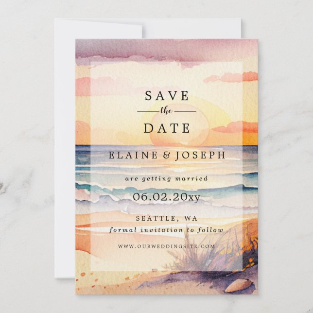 Rustic Watercolor Sunset Beach Sea Save The Date Announcement (Front)
