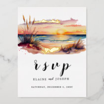Rustic Watercolor Sunset Beach Sea Wedding Rsvp Foil Invitation Postcard