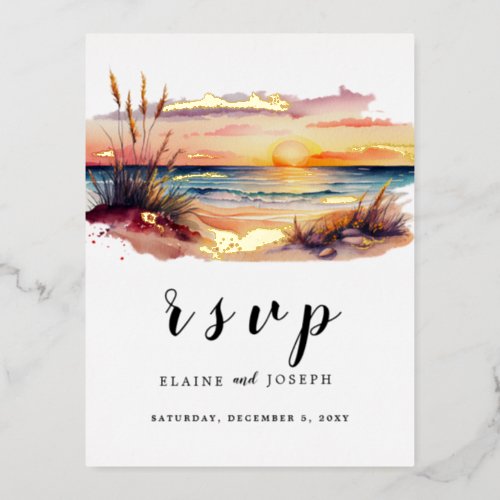 Rustic Watercolor Sunset Beach Sea Wedding Rsvp Foil Invitation Postcard