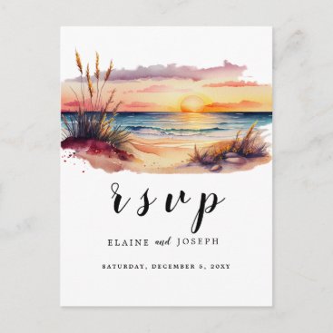 Rustic Watercolor Sunset Beach Sea Wedding Rsvp Invitation Postcard