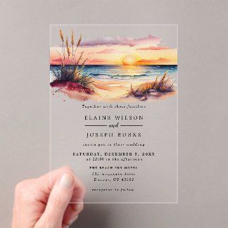 Rustic Watercolor Sunset Beach Seascape Wedding Acrylic Invitations