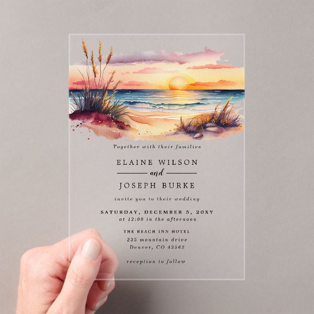 Rustic Watercolor Sunset Beach Seascape Wedding Acrylic Invitations (Insitu (Handheld))