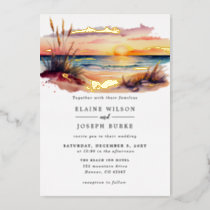 Rustic Watercolor Sunset Beach Seascape Wedding Foil Invitation