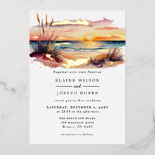 Rustic Watercolor Sunset Beach Seascape Wedding Foil Invitation