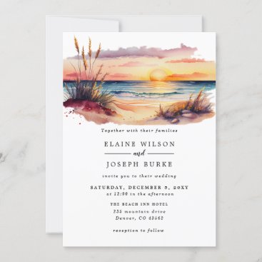 Rustic Watercolor Sunset Beach Seascape Wedding Invitation