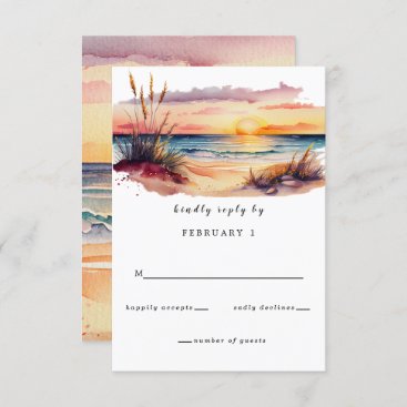 Rustic Watercolor Sunset Beach Seascape Wedding RSVP Card