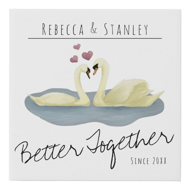 Rustic Watercolor Swans Wedding Anniversary Date Faux Canvas Print (Front)