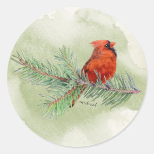 Rustic Watercolor Sweet Red Cardinal Classic Round Sticker