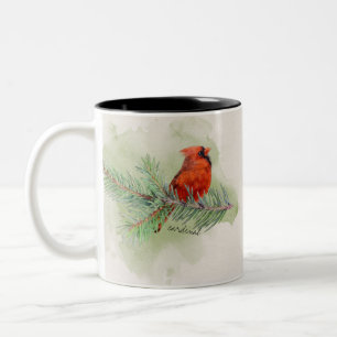 Rustic Watercolor Sweet Red Cardinal Two-Tone Coffee Mug