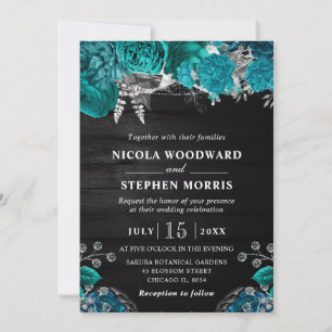 Rustic Watercolor Teal and Silver Flowers Wedding Invitation