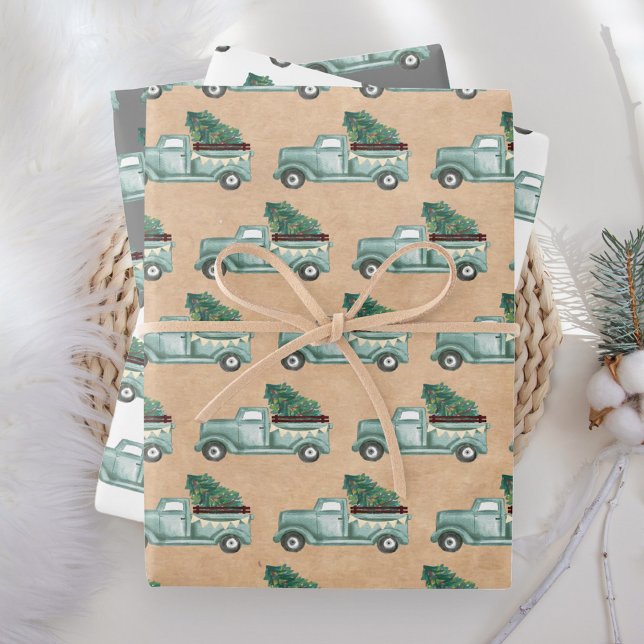 Rustic Watercolor Teal Christmas Truck Wrapping Paper Sheets (Creator Uploaded)