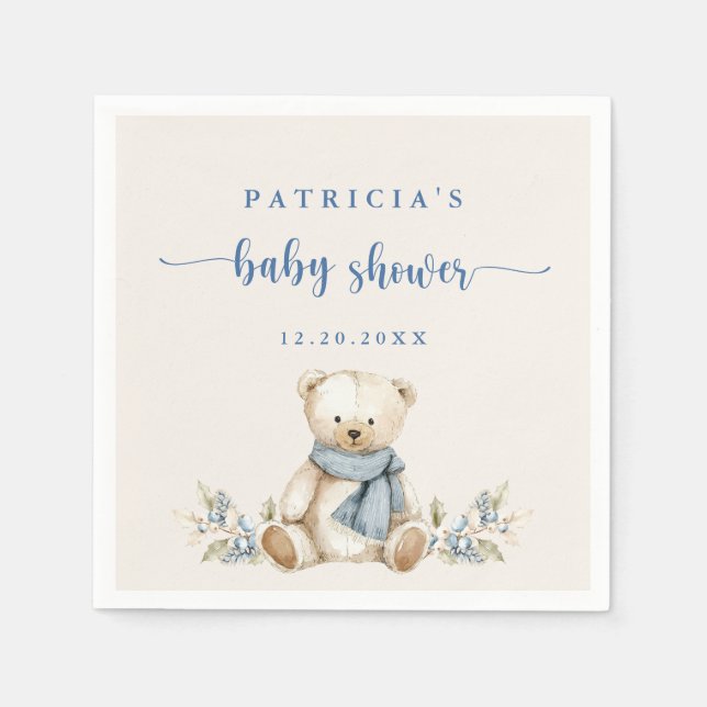 Rustic Watercolor Teddy Bear Beige Baby Shower Napkins (Front)