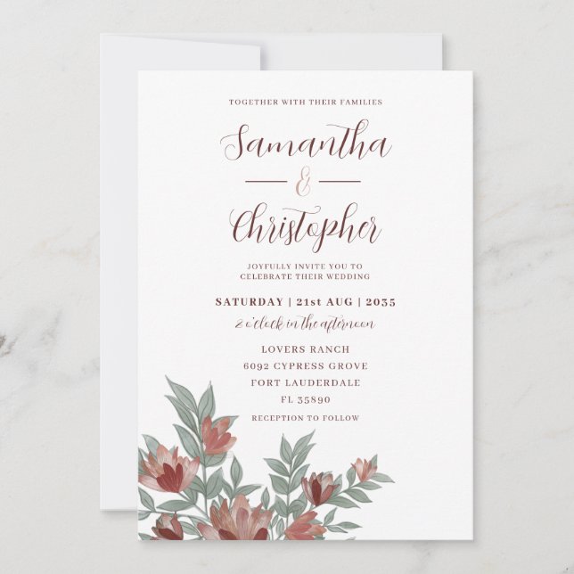 Rustic Watercolor Terracotta Floral Wedding Invitation (Front)
