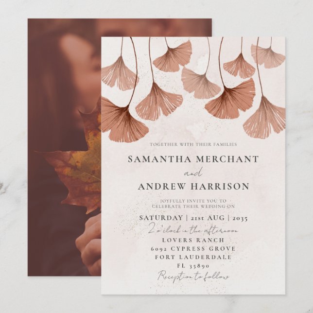 Rustic Watercolor Terracotta Ginkgo Wedding  Invitation (Front/Back)