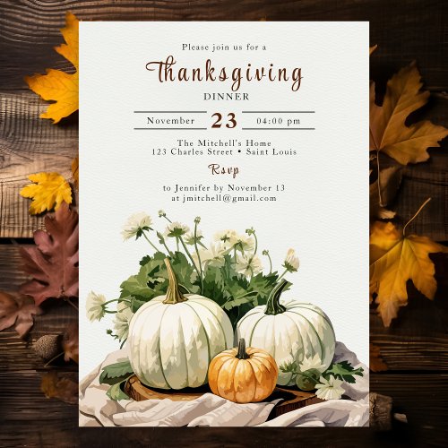 Rustic Watercolor Thanksgiving Dinner Pumpkin  Invitation