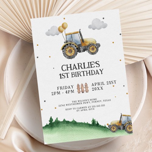 Rustic Watercolor Tractor Birthday Party Invitation