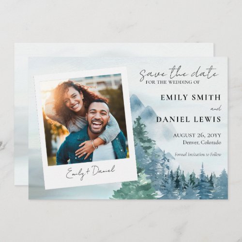 Rustic Watercolor Trees and Mountains Dusty Blue Save The Date