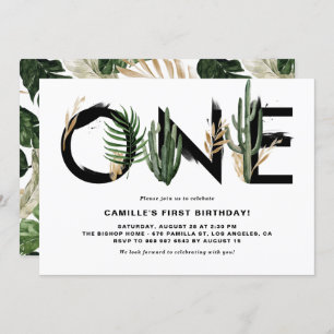 Rustic Watercolor Tropical Leaves First Birthday Invitation