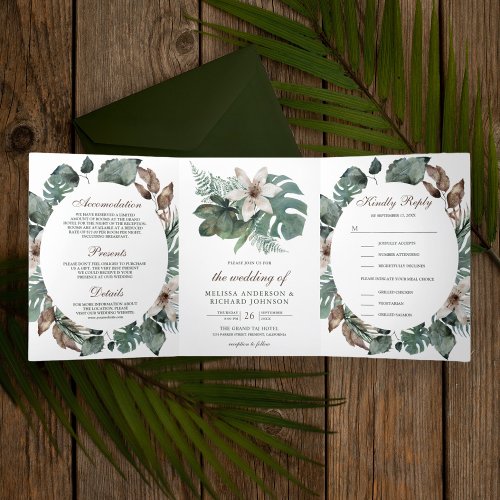 Rustic Watercolor Tropical Leaves Floral Wedding Tri_Fold Invitation