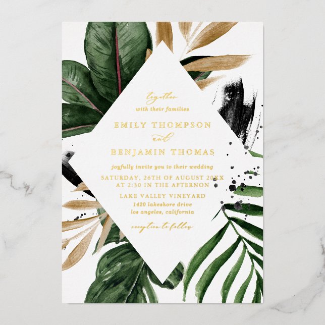 Rustic Watercolor Tropical Leaves Frame Wedding Foil Invitation (Front)