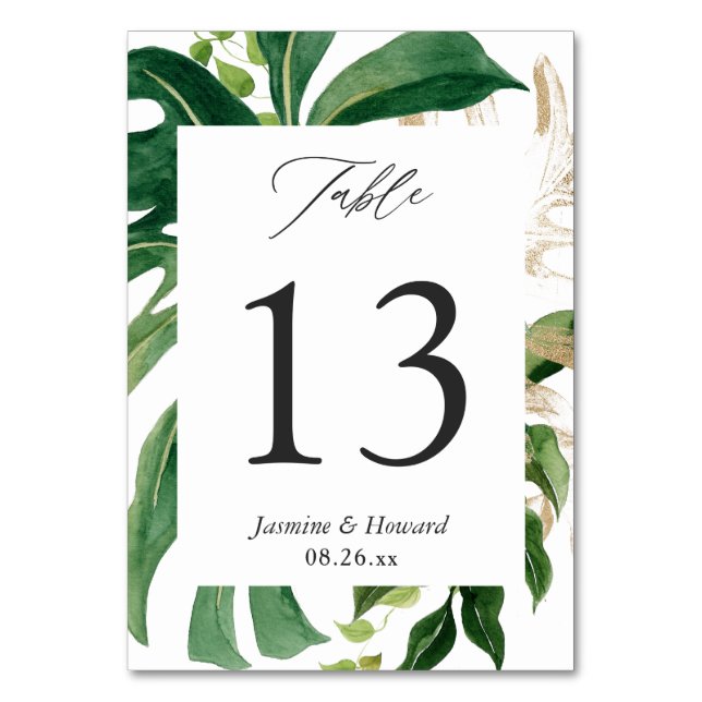 Rustic Watercolor Tropical Palm Leaves Wedding Table Number (Front)