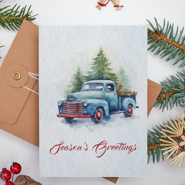 Rustic Watercolor Truck Snowfall Christmas Holiday Card (Creator Uploaded)