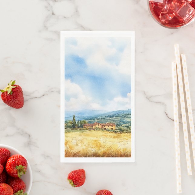 Rustic Watercolor Tuscan Mediterranean Countryside Paper Guest Towels (Insitu)