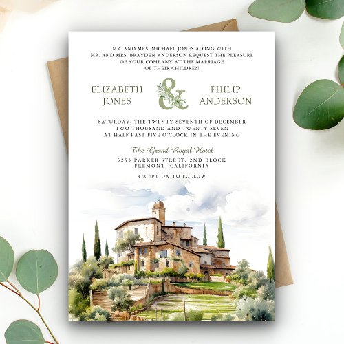 Rustic Watercolor Tuscany QR Code Wedding Invitation