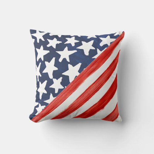 Rustic Watercolor USA Flag Blue White Stars Red Throw Pillow