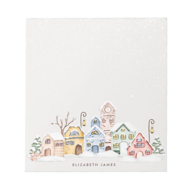 Rustic Watercolor Village Houses in Winter Custom Notepad (Front)