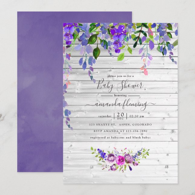 Rustic Watercolor Violet Floral Baby Shower Invitation (Front/Back)
