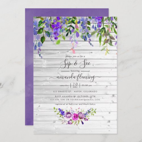 Rustic Watercolor Violet Floral Sip and See Invitation