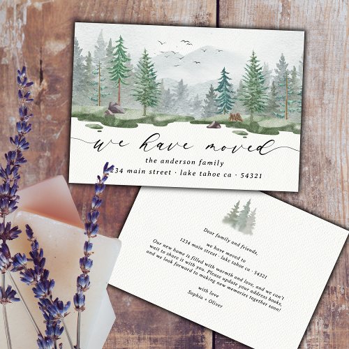 Rustic Watercolor We Have Moved Script Pine Trees Announcement