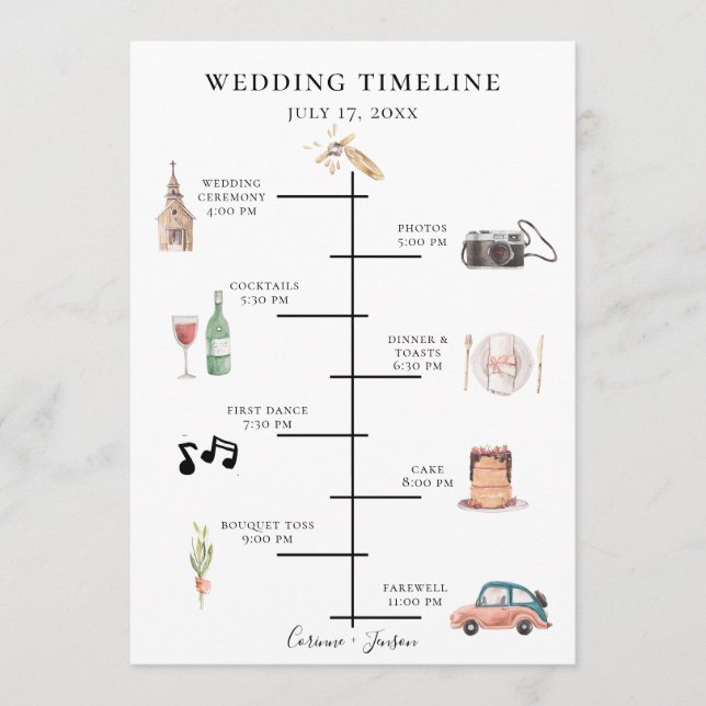 Rustic Watercolor Wedding Timeline Program (Front)
