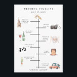 Rustic Watercolor Wedding Timeline Program<br><div class="desc">Rustic colorful watercolor wedding day elements,  timeline program. Card features church,  camera,  bottle with glass,  plate setting,  music notes,  cake,  bouquet,  and retro car. Backing color shown in muted navy blue can be customized. Text font style and color can also be customized.</div>