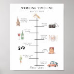 Rustic Watercolor Wedding Timeline Program Poster<br><div class="desc">Rustic colorful watercolor wedding day elements,  timeline program. Poster features cute illustrations of rings,  church,  camera,  bottle with glass,  plate setting,  music notes,  cake,  bouquet,  and retro car. Template has two lines for date and names.</div>