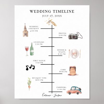 Rustic Watercolor Wedding Timeline Program Poster
