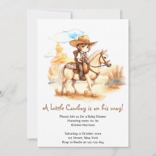 Rustic Watercolor Western Cowboy Baby Shower Invitation