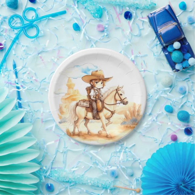 Rustic Watercolor Western Cowboy Baby Shower Paper Plates (Party)