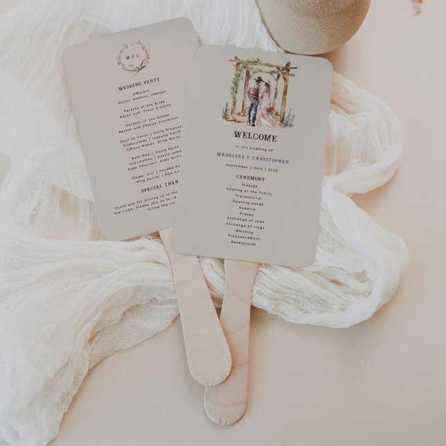 Rustic Watercolor Western Ranch Wedding Program Hand Fan (Creator Uploaded)