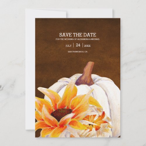Rustic Watercolor White Pumpkin Sunflower Save The Date