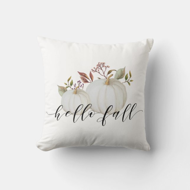 Rustic Watercolor White Pumpkins Hello Fall Throw Pillow (Front)