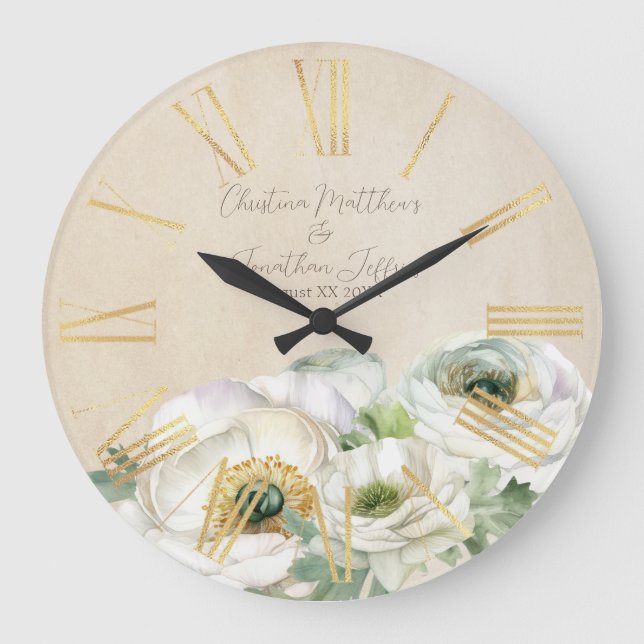 Rustic Watercolor White Ranunculus Large Clock (Front)