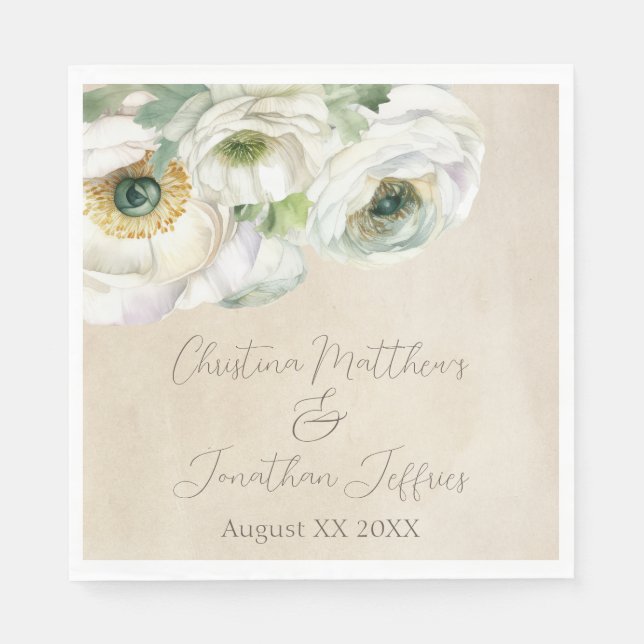 Rustic Watercolor White Ranunculus Napkins (Front)