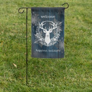 Rustic Watercolor White Reindeer Blue Garden Flag